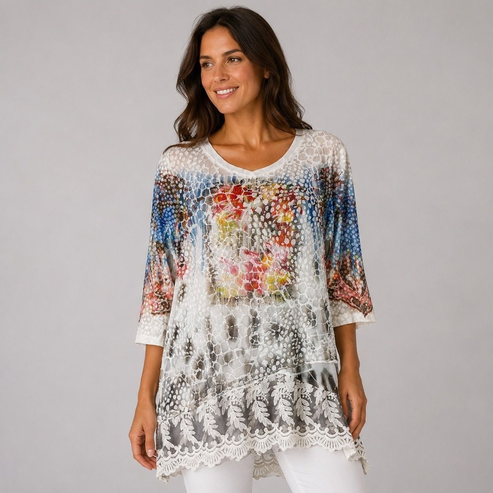 Suzanne's Women Floral Burnout Tunic V-Neck 3/4 Sleeve Lace Trim Asymmetric Top